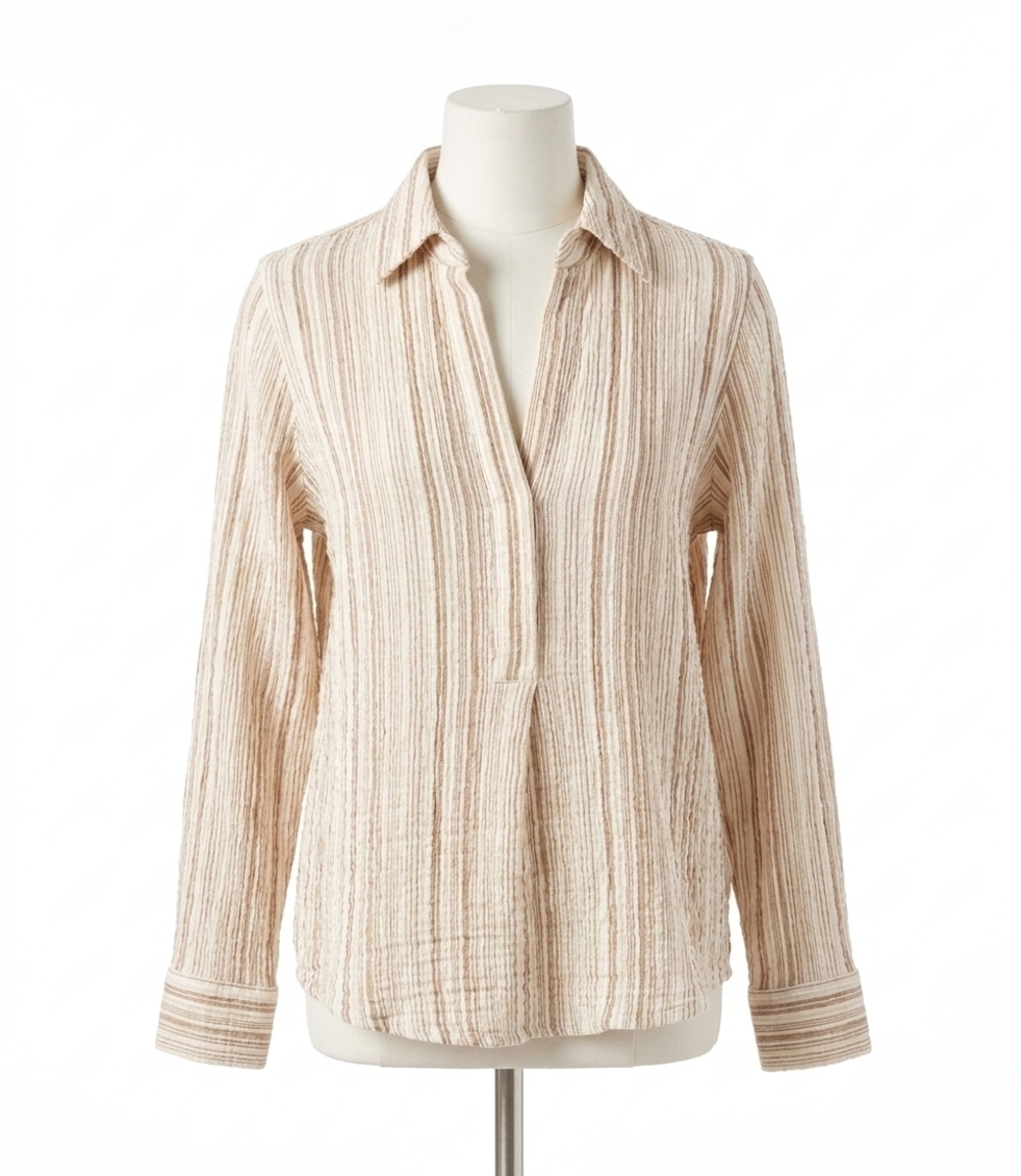 NEW KAREN KANE melia metallic stripe ruched sleeve shirt in beige
